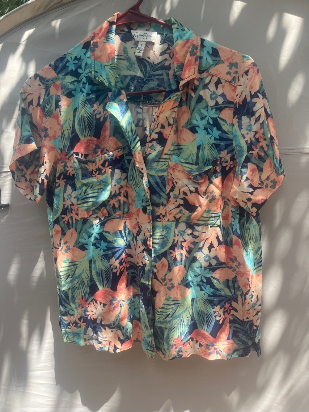 Tropical Floral Button-Down Shirt in Coral & Teal